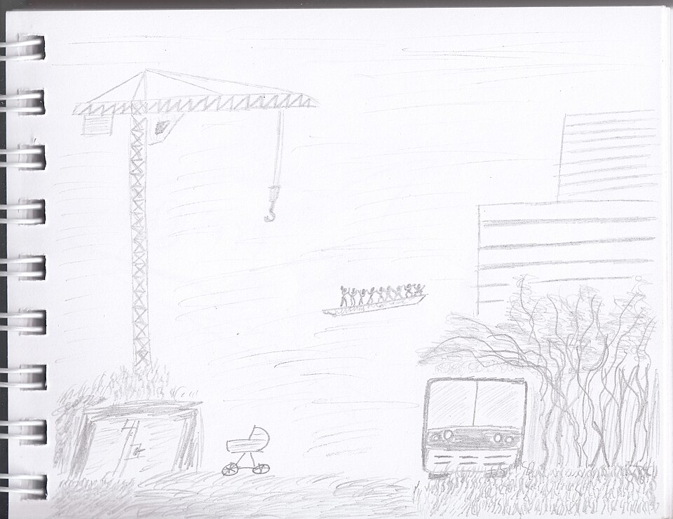 スケッチブックに鉛筆で描かれた街の風景
