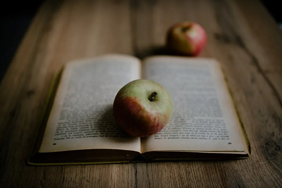 An open book lies on a wooden table. Two apples are placed on top and beside the pages. The setting is bright and captures an indoor environ