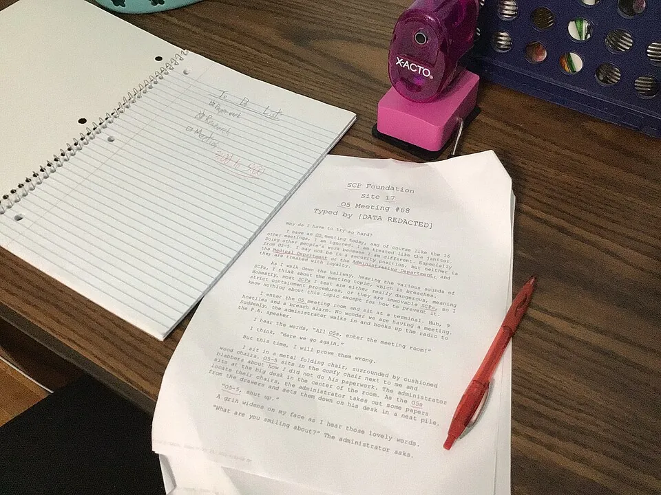 机の上のタイプされた書類とノートとペン